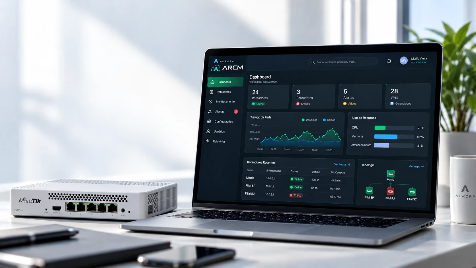 Aurora ARCM — dashboard de gestão de roteadores MikroTik em um notebook