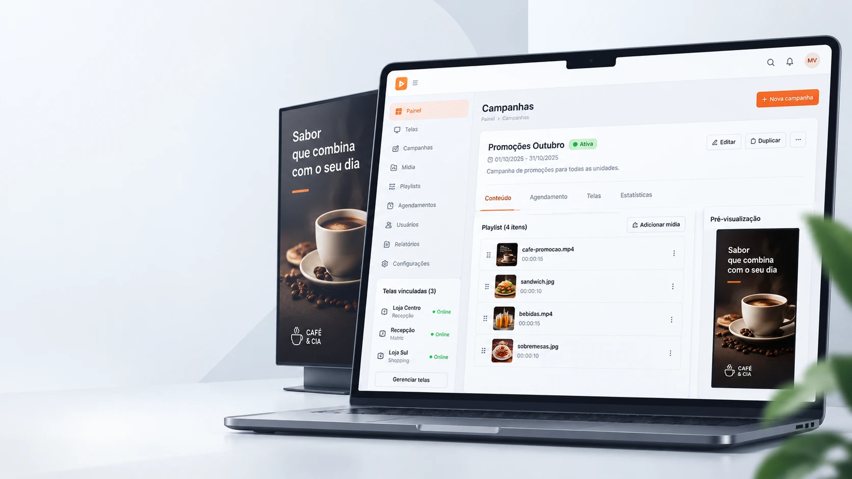 Aurora Kioski — painel de campanhas ao lado de uma tela de anúncio em loja