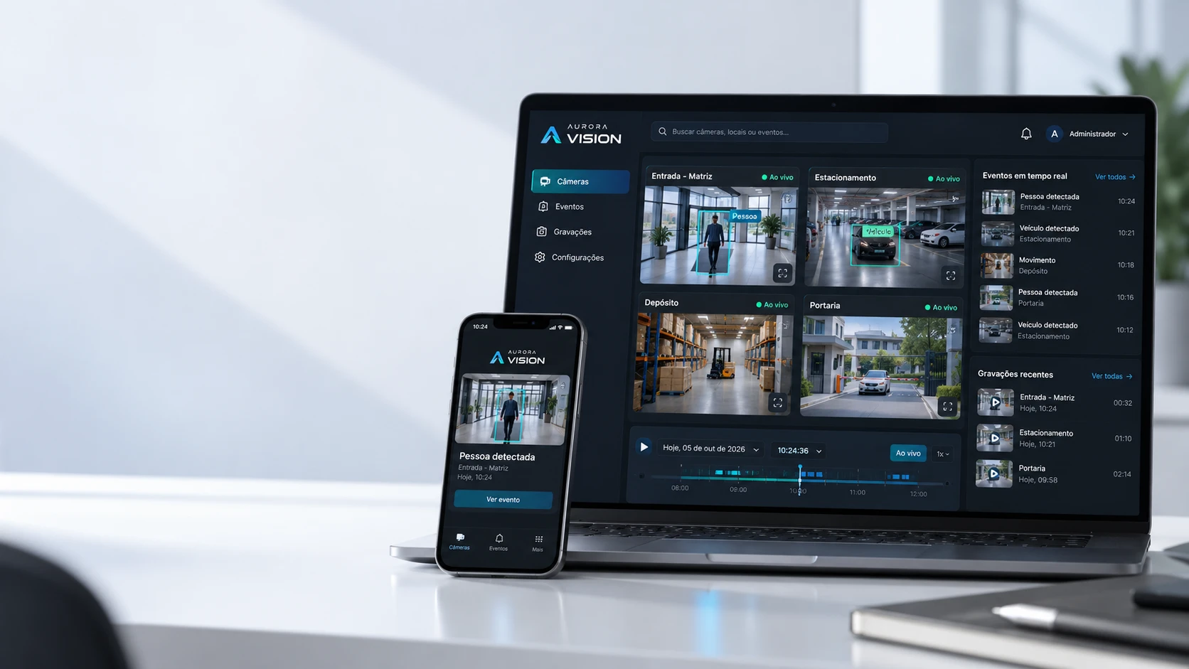 Aurora Vision — mosaico de câmeras com detecção por IA no notebook e no celular